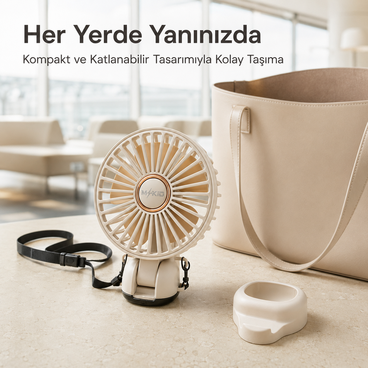 MKİO bej kompakt katlanabilir fan çanta ve seyahat kullanımı