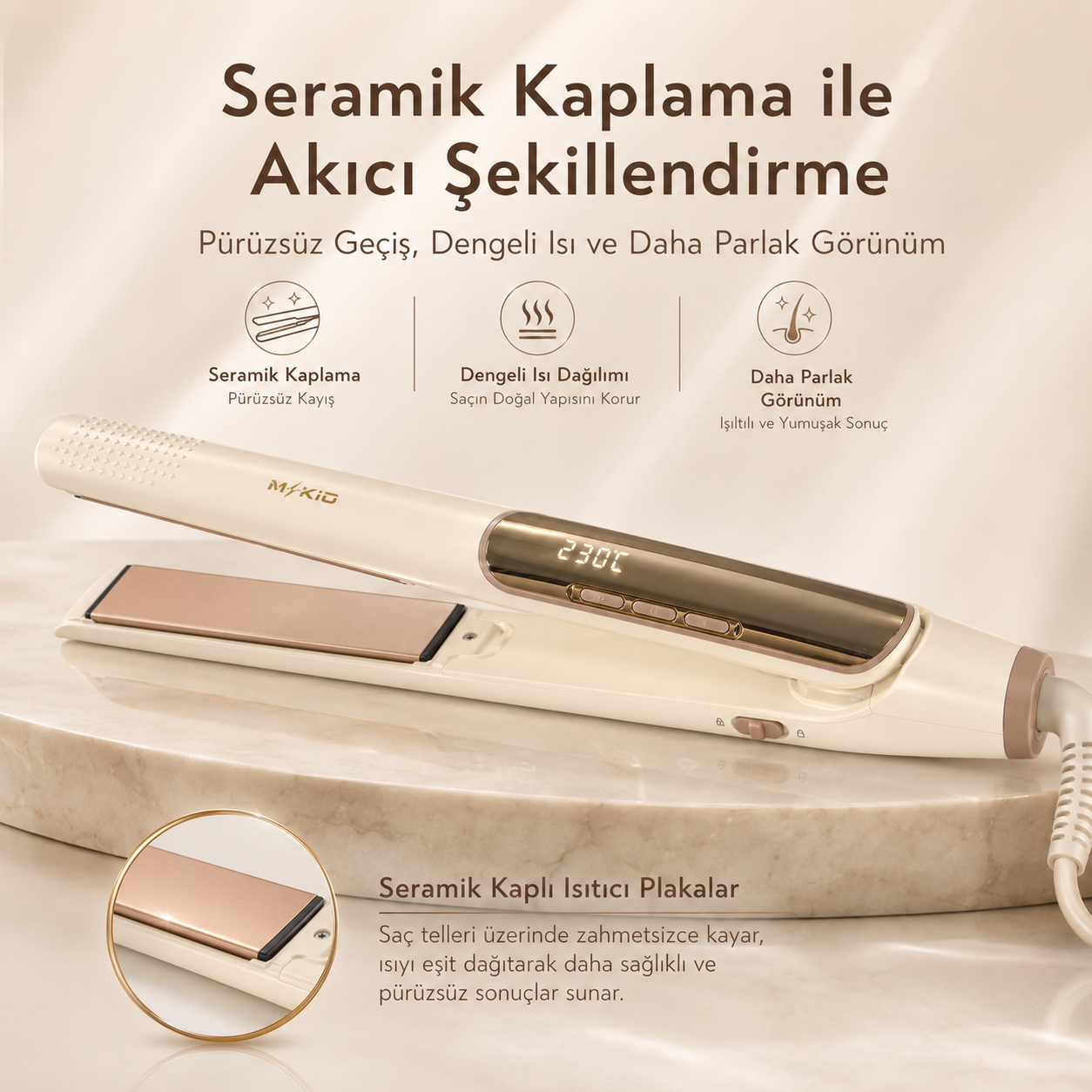 MKIO saç düzleştirici rose gold seramik kaplamalı ısıtıcı plakalar