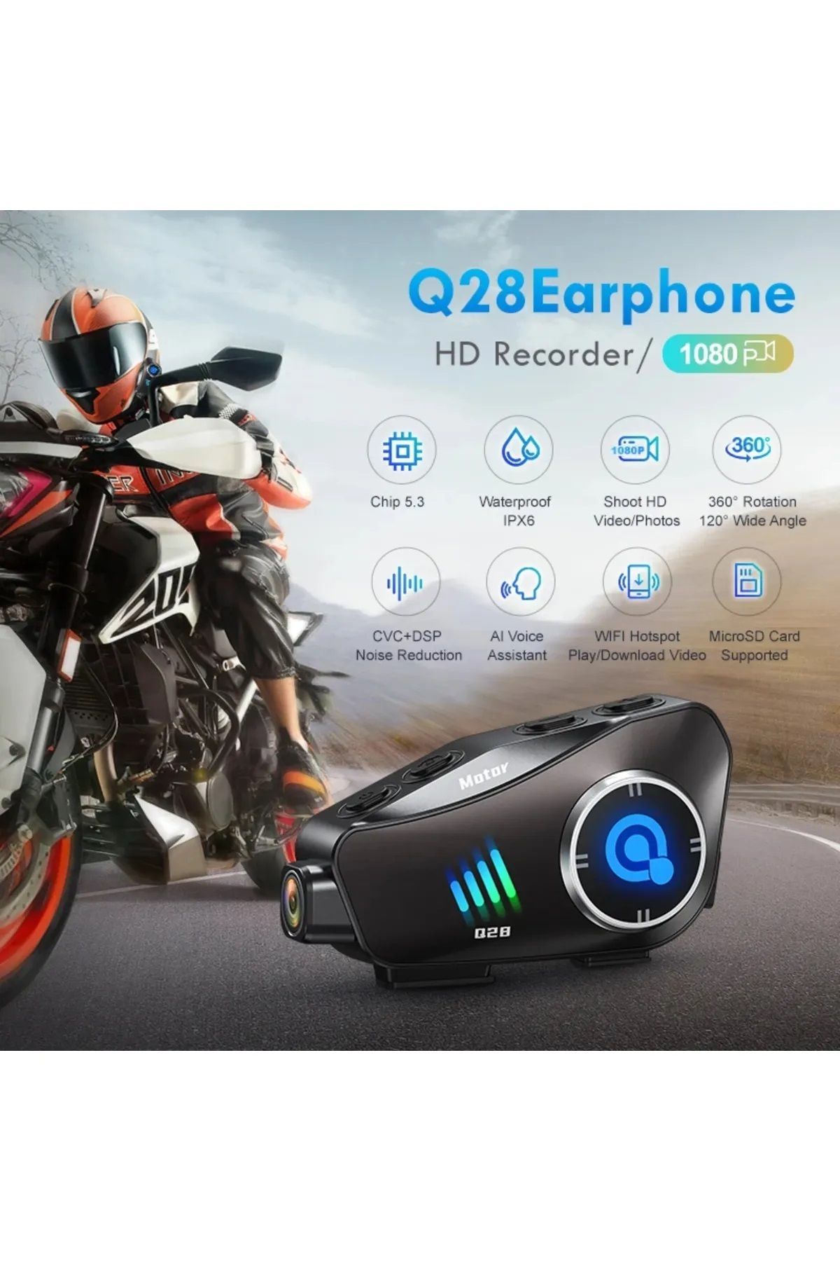 Vothoon Q28 Motosiklet Kask Bluetooth Kulaklık 1080p Kamera Interkom Kulaklık Su Geçirmez Intercom