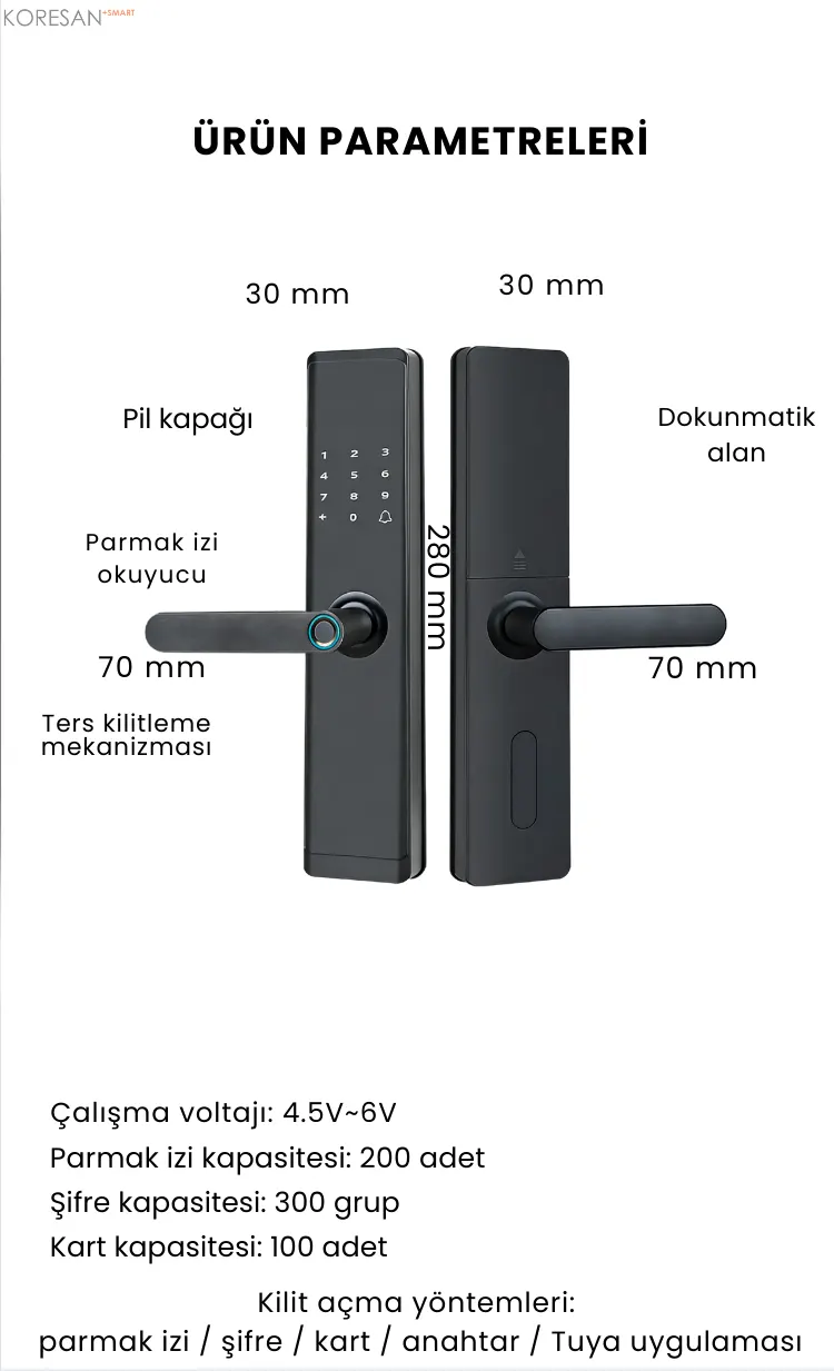 K10N Tuya WiFi Akıllı Kapı Kilidi ölçüleri ve teknik parametreleri