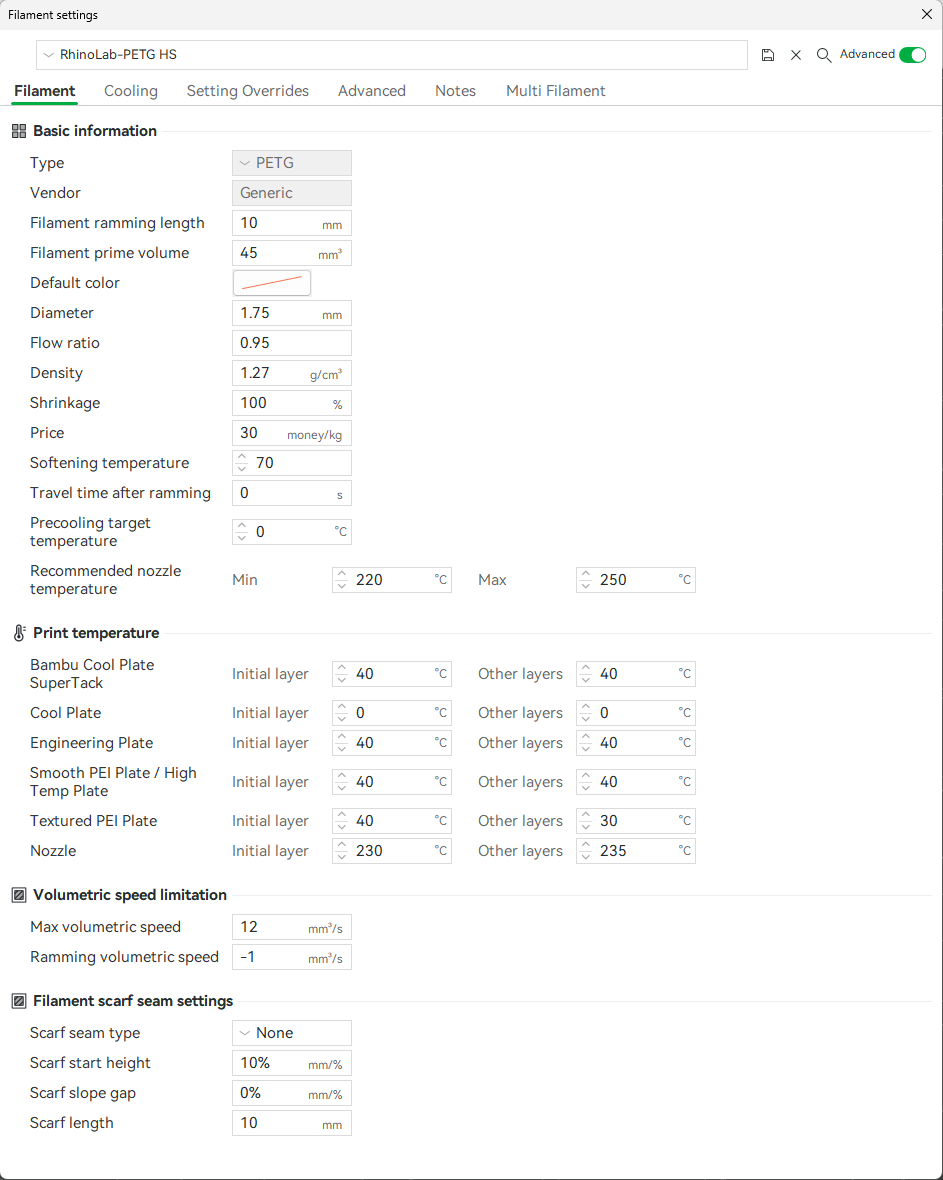 RhinoLab PETG SemiFlex Parametre 1