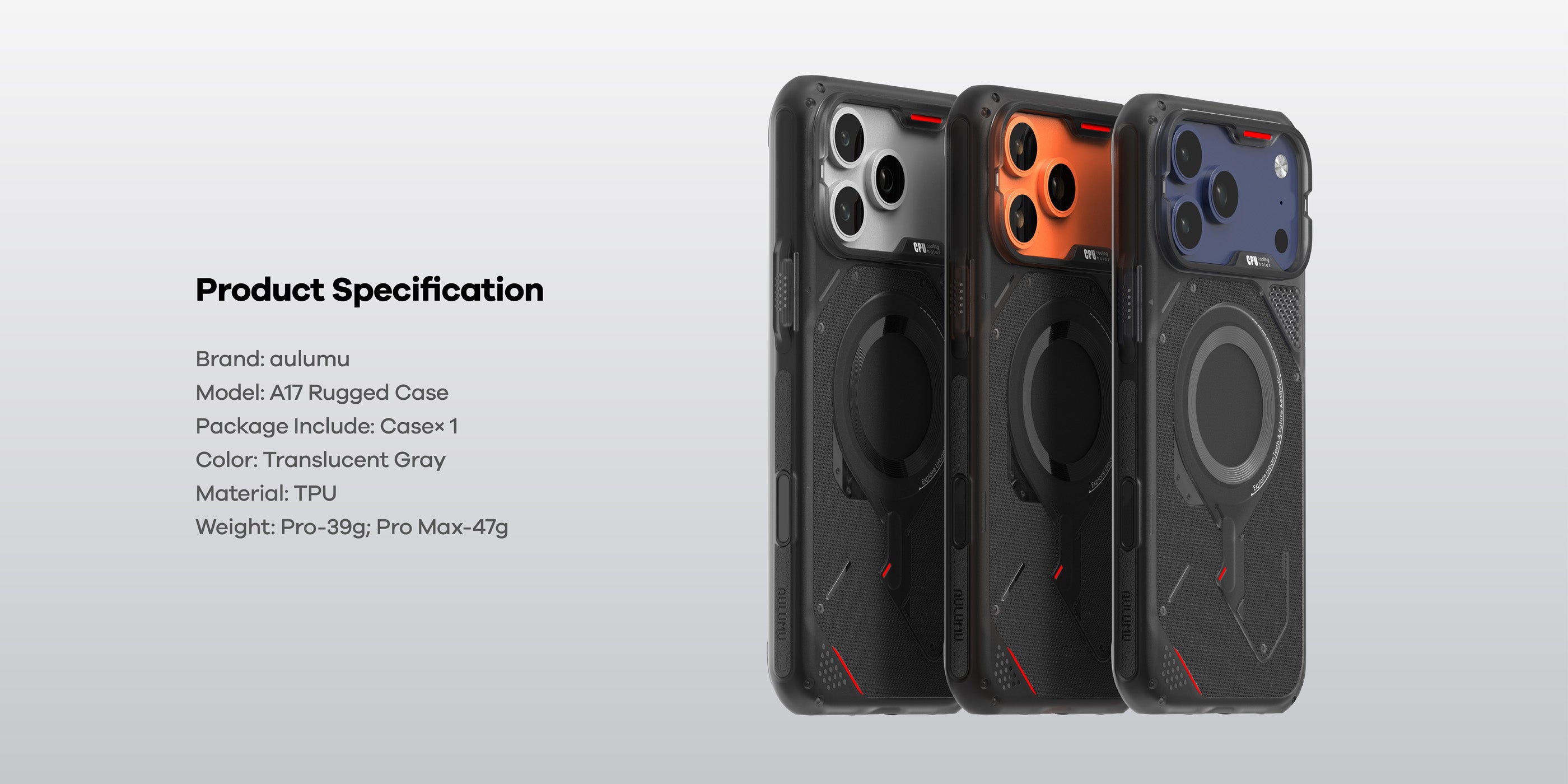 Three AULUMU A17 rugged outdoor cases with silver, orange and blue camera colors next to Product Specification text