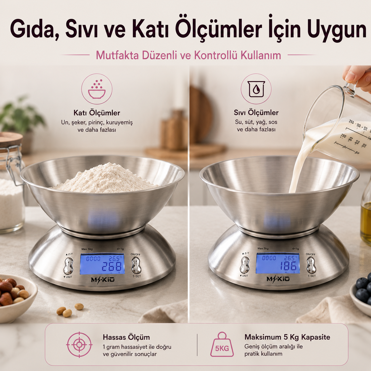 MKİO mutfak terazisi katı ve sıvı malzemelerin ağırlığını ölçme