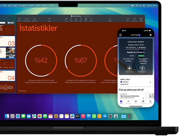 iPhone’un ekranını MacBook Pro’nun ekranına yansıtarak iPhone Yansıtma özelliği gösteriliyor