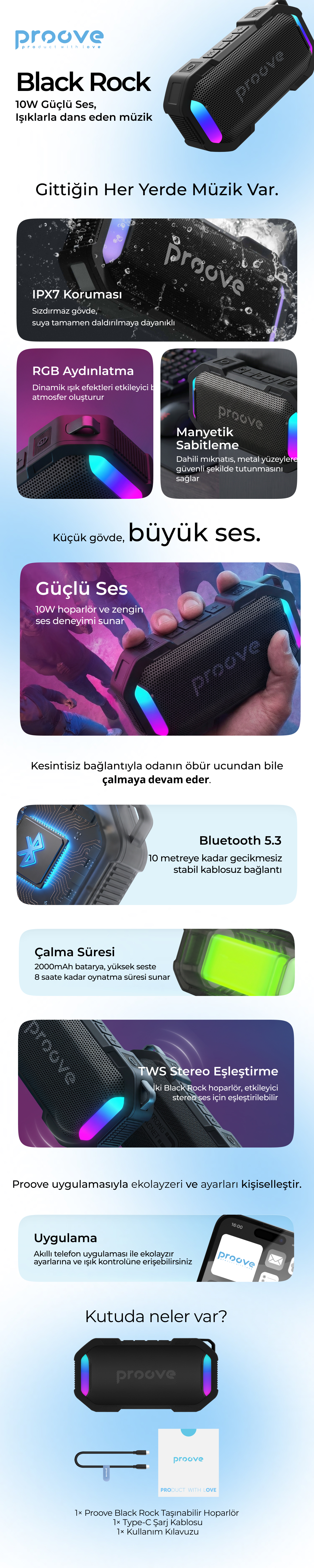 Proove Black Rock 10W Taşınabilir Bluetooth Hoparlör TWS & RGB Işıklı IPX7 Su Geçirmez Manyetik Mıknatıslı