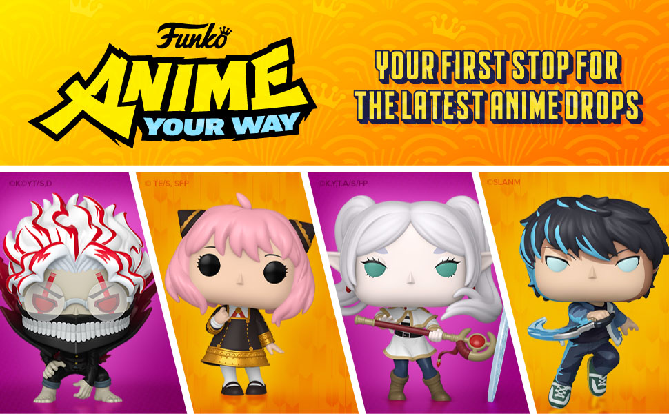 Metin "Funko YOUR WAY", "ANIME", "Son anime pops için İlk durağınız" yazılır. Turuncu ve sarı arka planlarda anime tarzı Funko Pop figürlerine sahip poster