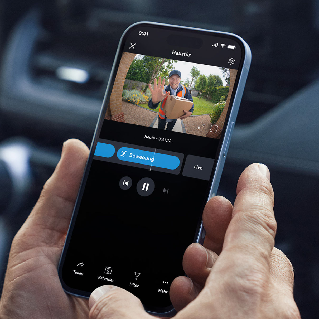 Telefon ekranında Ring uygulamasında bir video kaydı gösteriliyor.
