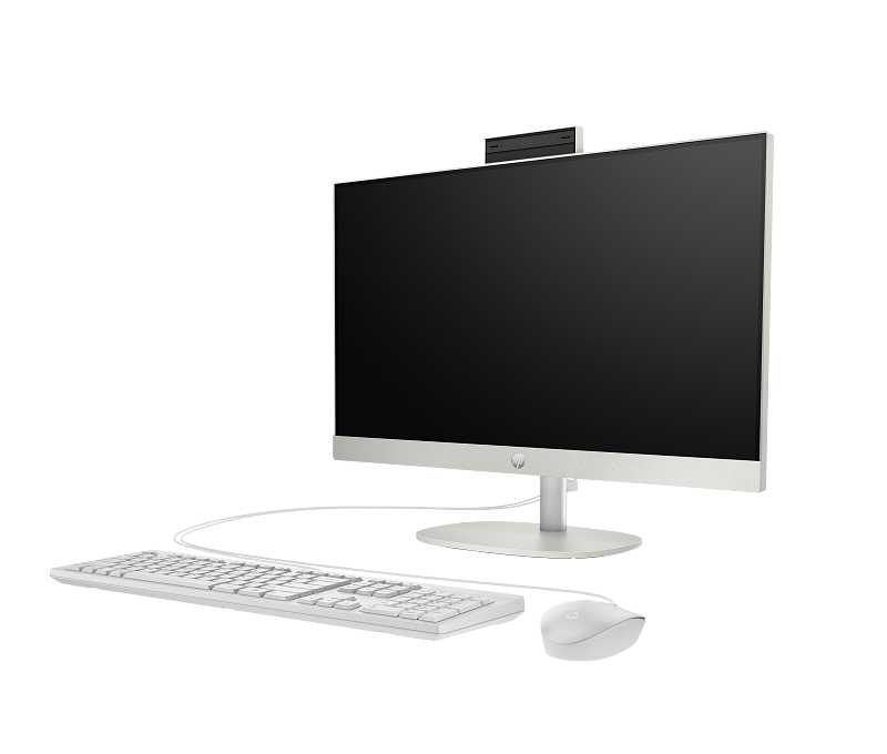 HP ProOne 240 23.8 inch G10 All-in-One Desktop PC EMEA Only ShellWhite T NT Fixed Wired CoreSet VisID GrayBG FrontLeft CamUp