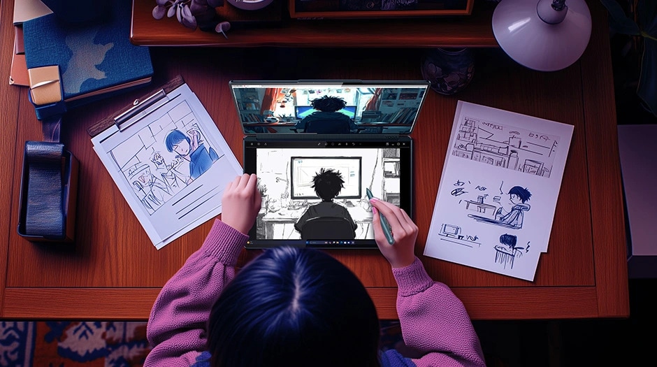 Top view of an illustrator, surrounded by paper sketches, drawing on the Yoga Book 9i.