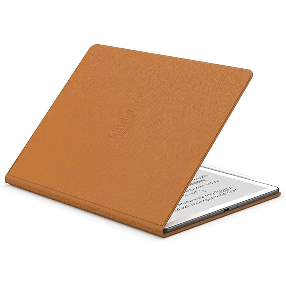 Kindle Scribe 2025 uyumlu premium deri manyetik folio kapaklı kılıf Caramel karamel yarı açık görünüm
