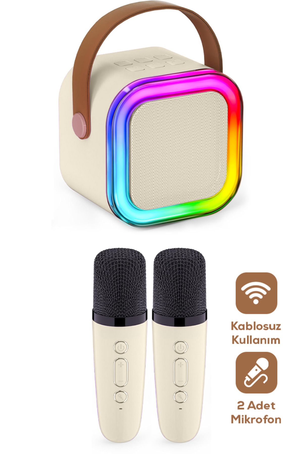 ALFAGİFT Karaoke Makinesi Bluetooth Hoparlör 2 Kablosuz Mikrofonlu Renkli LED Işıklı Set