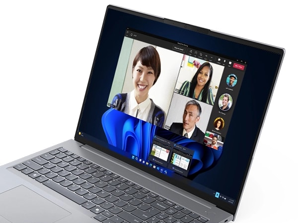 Close up display with video conference call on the Lenovo ThinkBook 16 Gen 7 laptop.