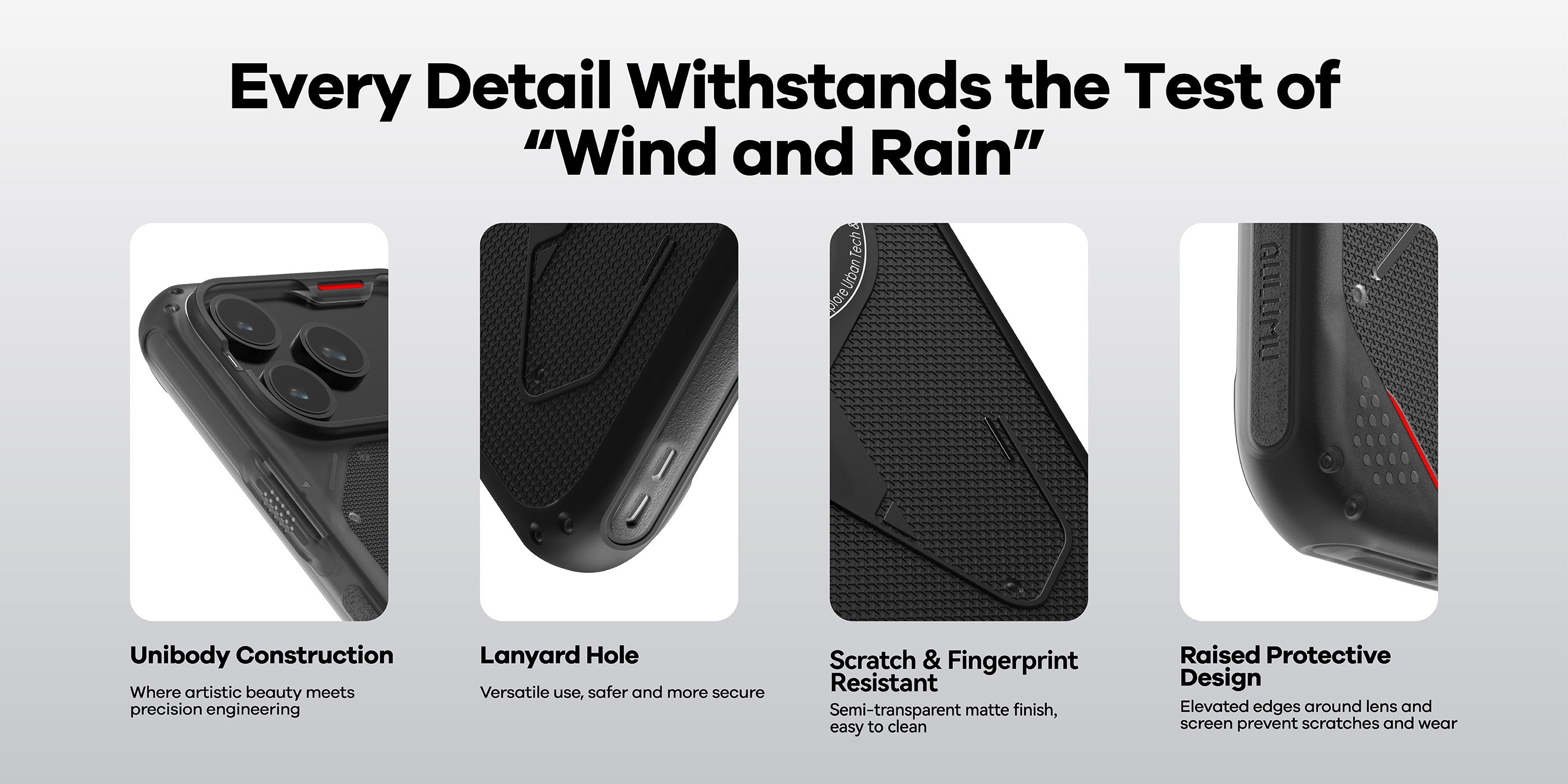 Four detail shots of AULUMU A17 rugged outdoor case with text Every Detail Withstands the Test of Wind and Rain