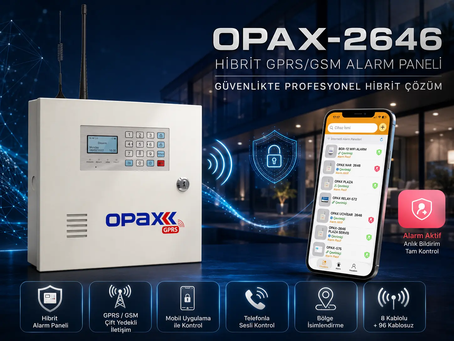 OPAX-2646 kablolu ve kablosuz GPRS GSM profesyonel hibrit alarm paneli ürün görseli