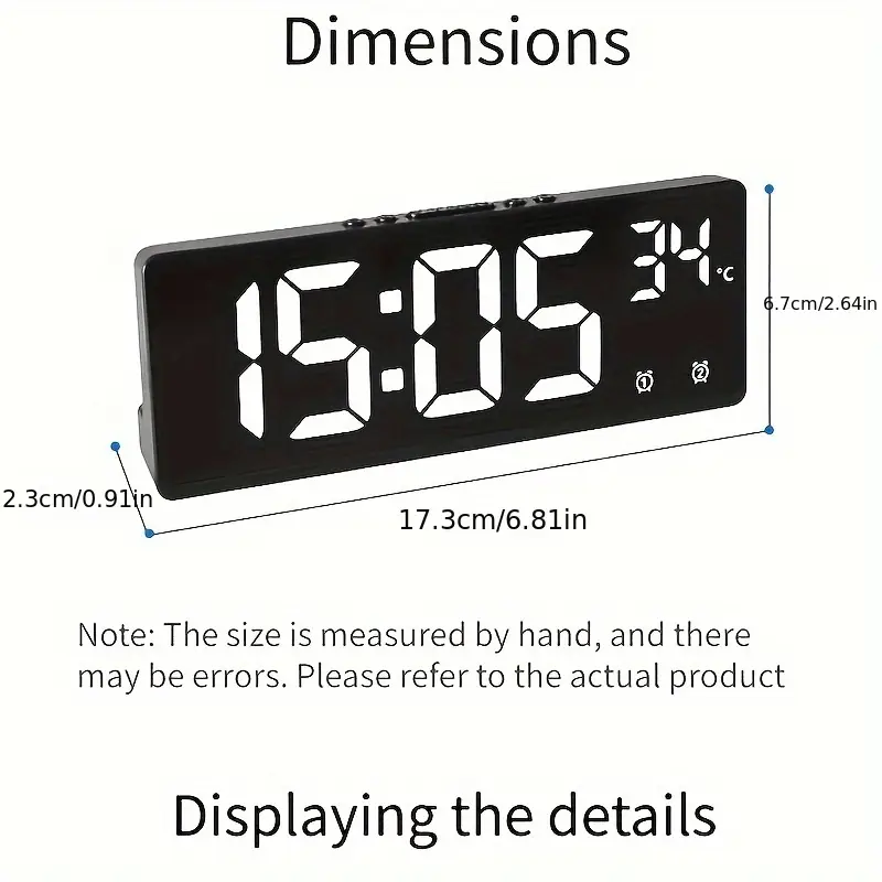 1 büyük ekranlı dijital alarm , sıcaklık göstergesi, i̇ki set alarm, uyku fonksiyonlu yanı , üç aaa pil fiş ile çalışır, aaa dahil değildir ayrıntılar 1
