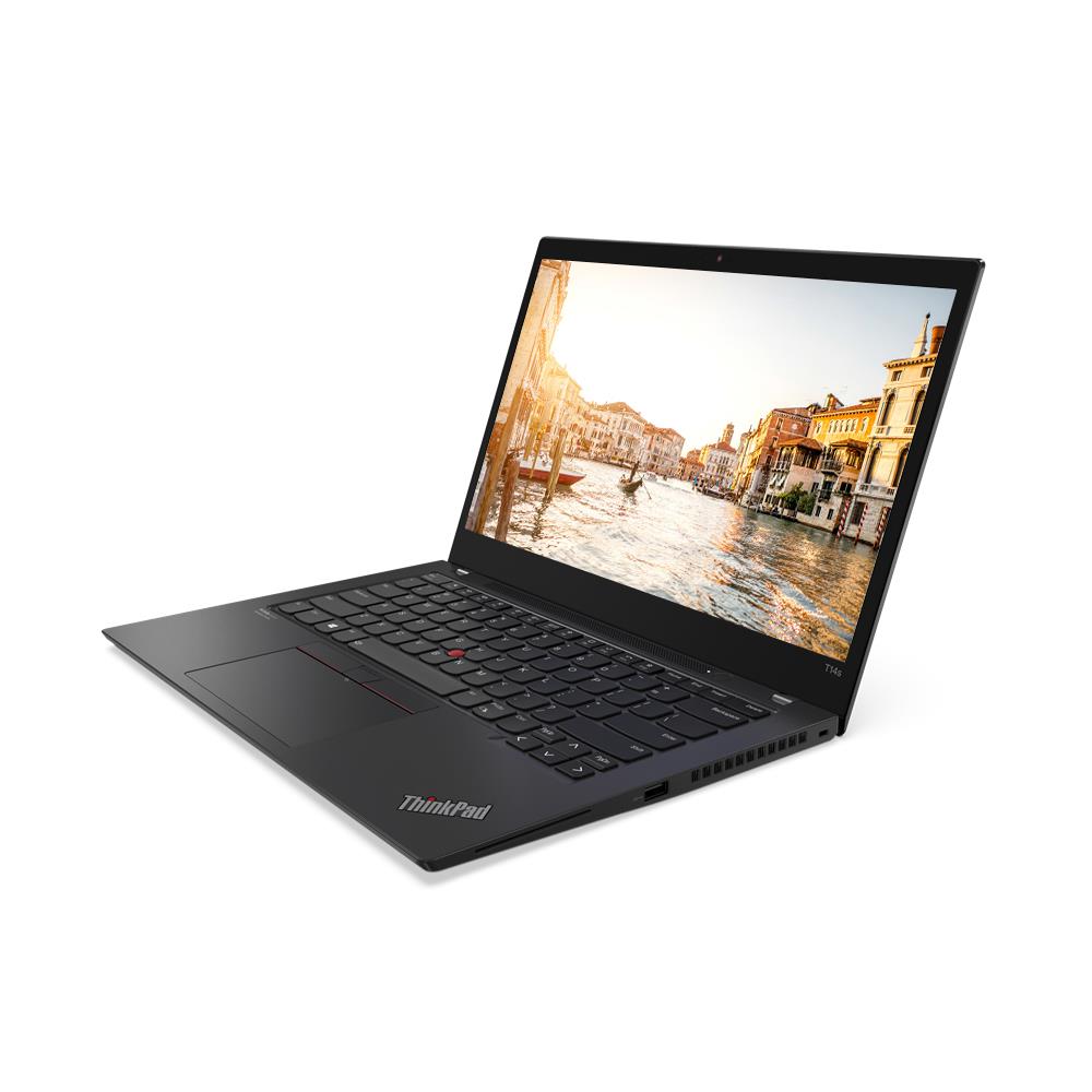 Lenovo ThinkPad T14s Gen 2 laptop open 90 degrees and angled slightly to show right-side ports.