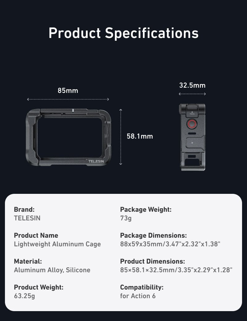 TELESIN Osmo Action 6 Uyumlu Alüminyum Kafes