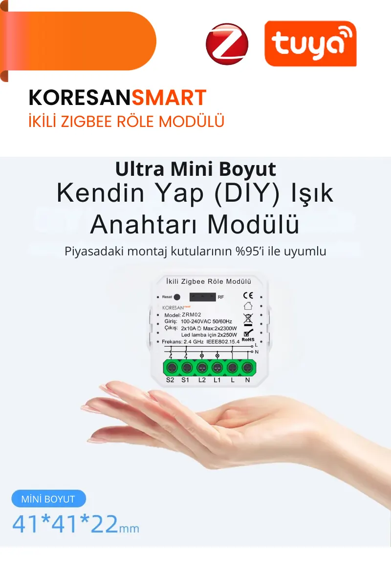 Mini İkili Zigbee Tuya Röle Anahtar Modülü + RF Alıcılı