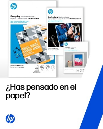 Şöyle yazılır: 'Has pensado en el papel?' Mavi renkli geometrik tasarım öğeleri ile basılı belgeleri ve fotoğrafları gösteren HP marka pazarlama materyali.
