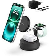 Şarj istasyonunun 3'ü 1 arada ekranı akıllı telefon, kablosuz kulaklık ve akıllı saatler için şarj fonksiyonlarını siyah bir temel ünitede gösterir.