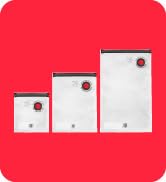 Beyaz sembollerle kırmızı arka plan, kullanım talimatlarını veya ürün özelliklerini minimalist grafik tarzında gösterir.