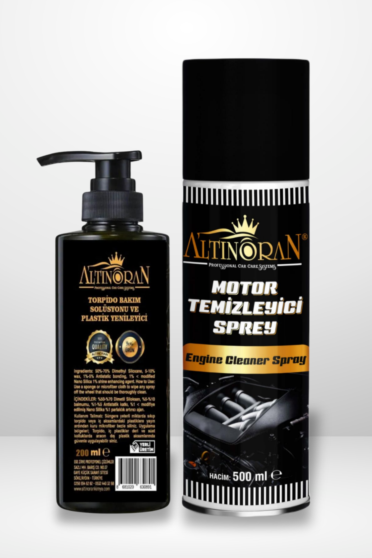 Altınoran Susuz Motor Temizleyici Sprey 500ml ve Plastik Yenileyici 200ml set içeriği