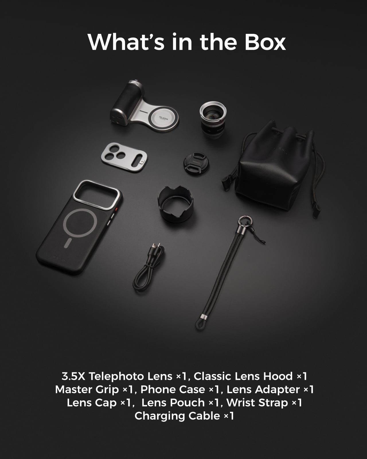 Telesin iPhone 18 Pro Master Grip Kit kutu icerigi