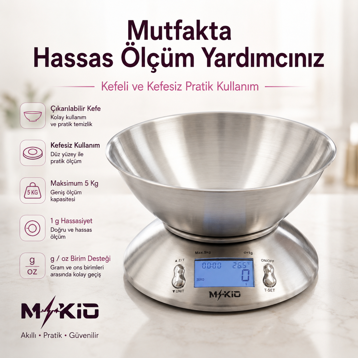 MKİO mutfak terazisi 5 kg kapasite 1 gram hassasiyet özellikleri