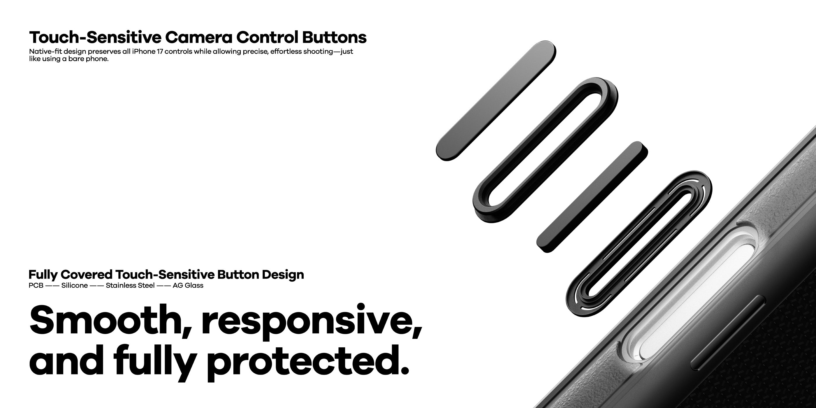 Touch-sensitive camera control button modules of AULUMU A17 rugged case with Smooth, responsive, and fully protected text