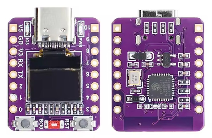 ESP32-C3 SuperMini OLED kart ön ve arka yüz görseli