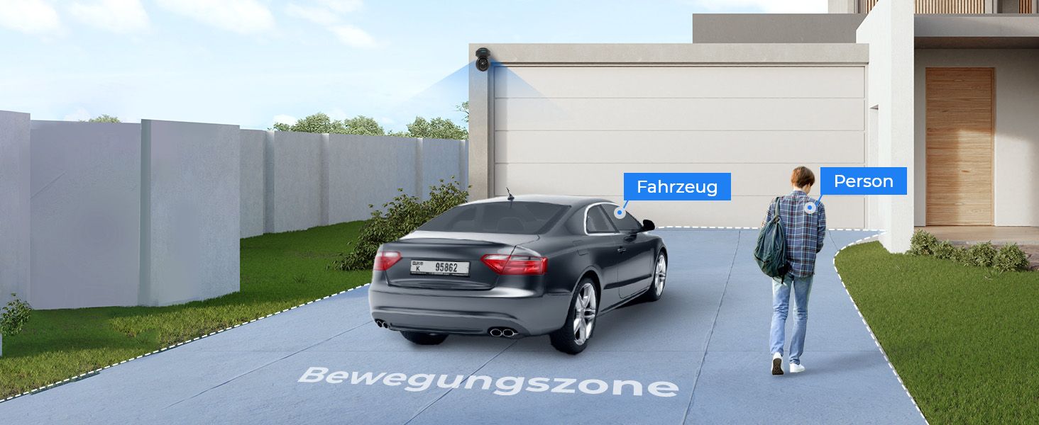 Garaj kapısının önünde bir araba gösteriliyor.