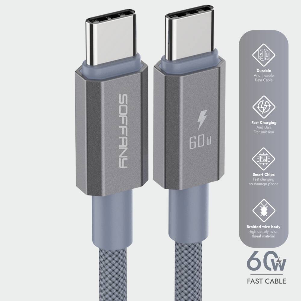 60W Type-C to Type-C Şarj & Data Kablosu Gri - 1
