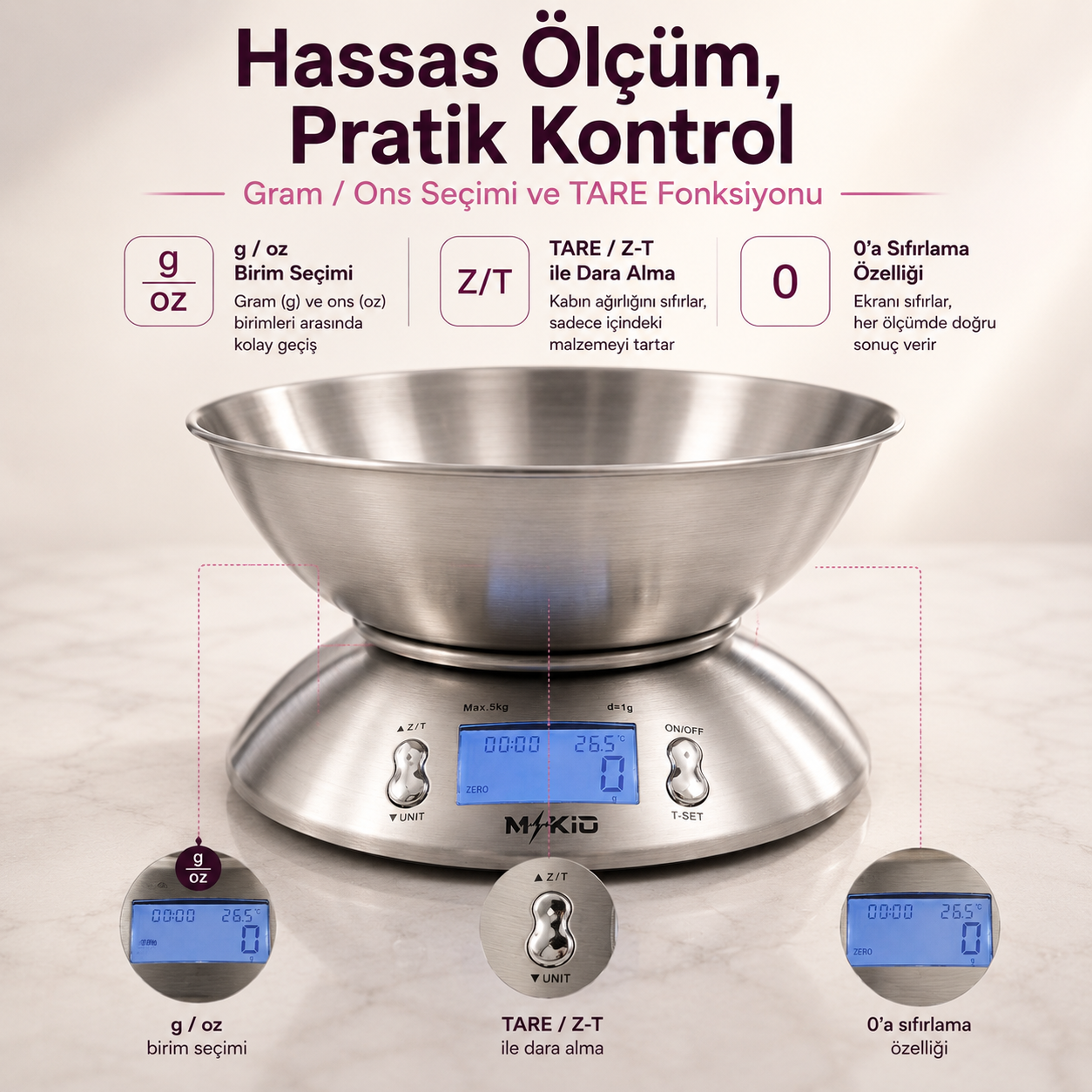 MKİO mutfak terazisi gram ons TARE Z-T ve sıfırlama özellikleri