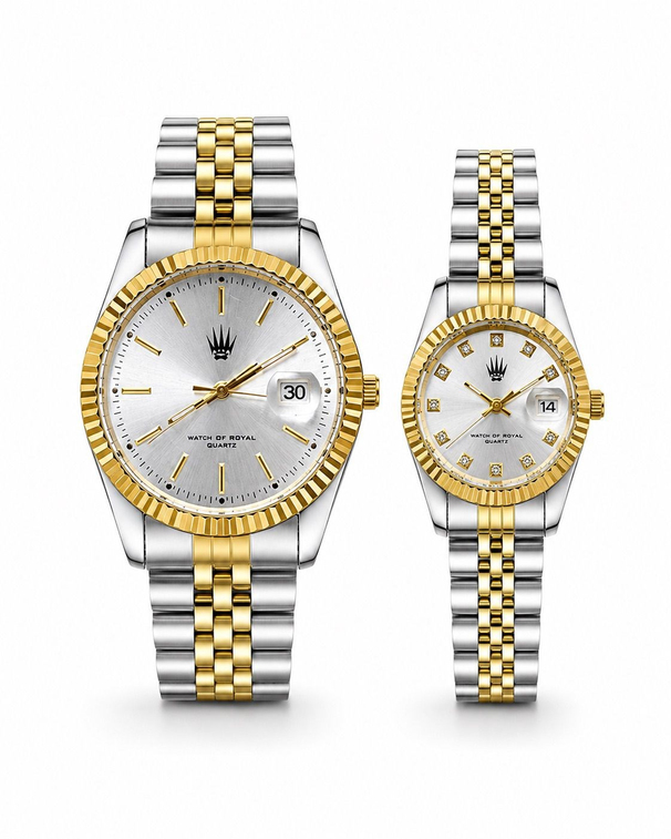 Çift Saati Crest Line Silver Gold white saatin önden kasa ve çelik kordon görünümü