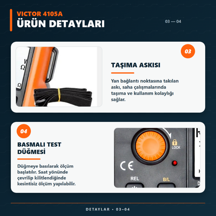 Victor 4105A taşıma askısı ve kilitlenebilir TEST düğmesi