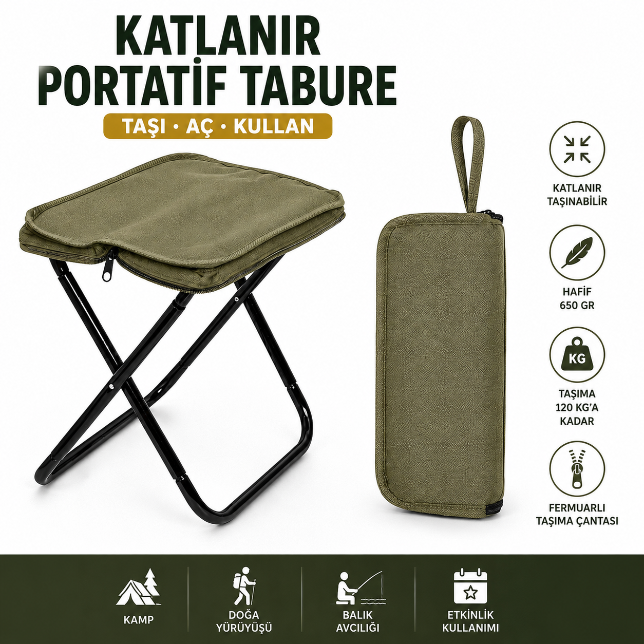 Haki Renk Kamp Taburesi ve Taşıma Çantası