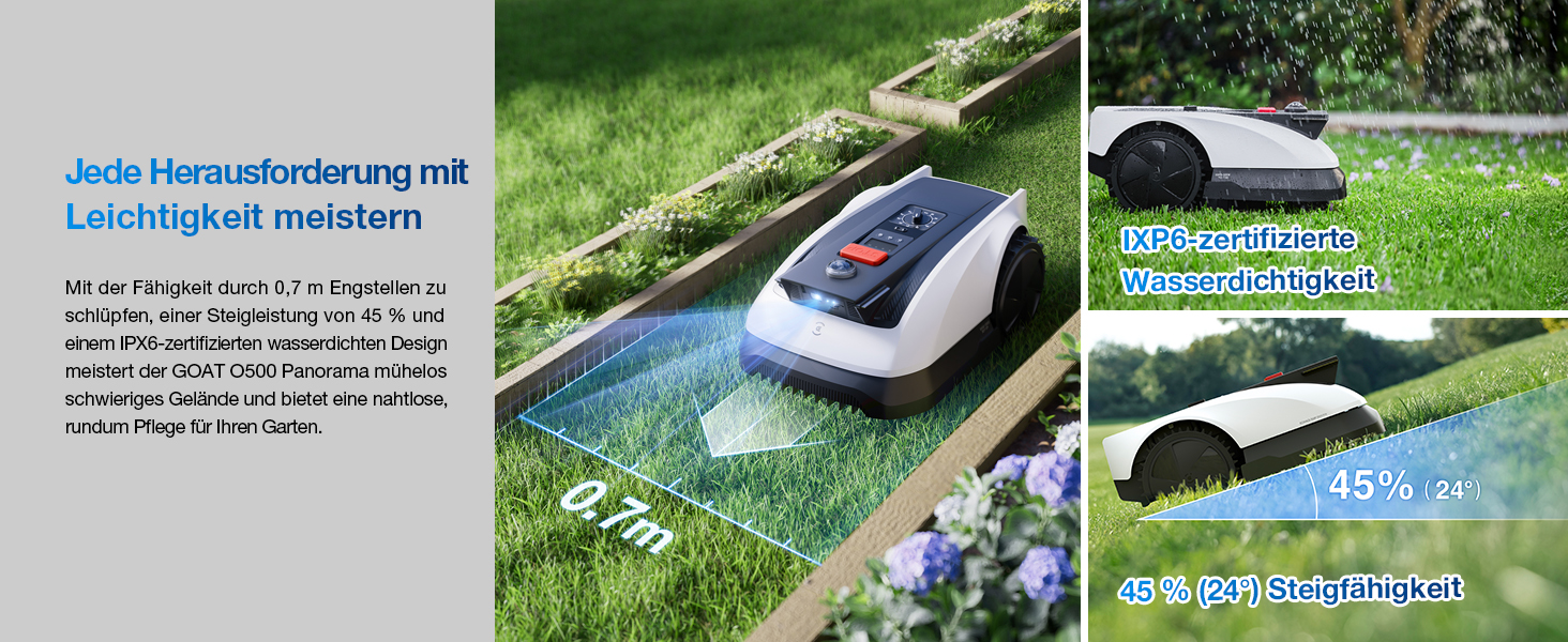Mähroboter, der aus verschiedenen Blickwinkeln auf Gras gezeigt wird. Er verfügt über automatische Navigationsfunktionen und ein kompaktes Design für die Rasenpflege