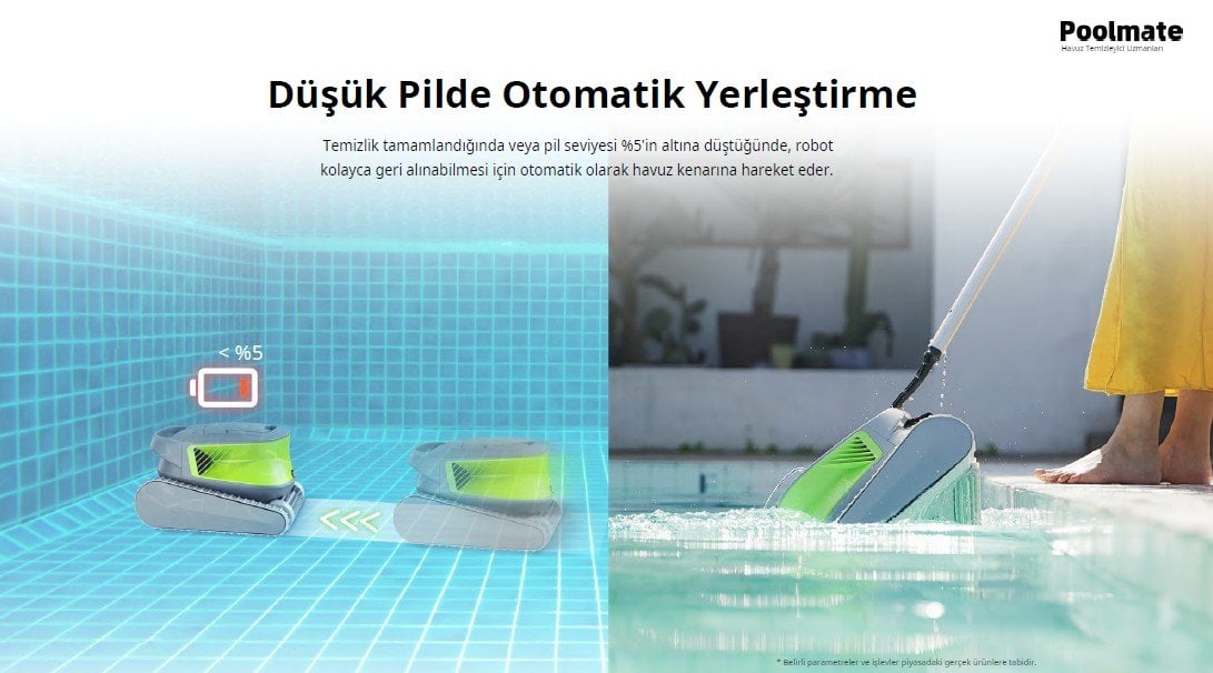 Chasing Poolmate DT B düşük pilde havuz kenarına gelir