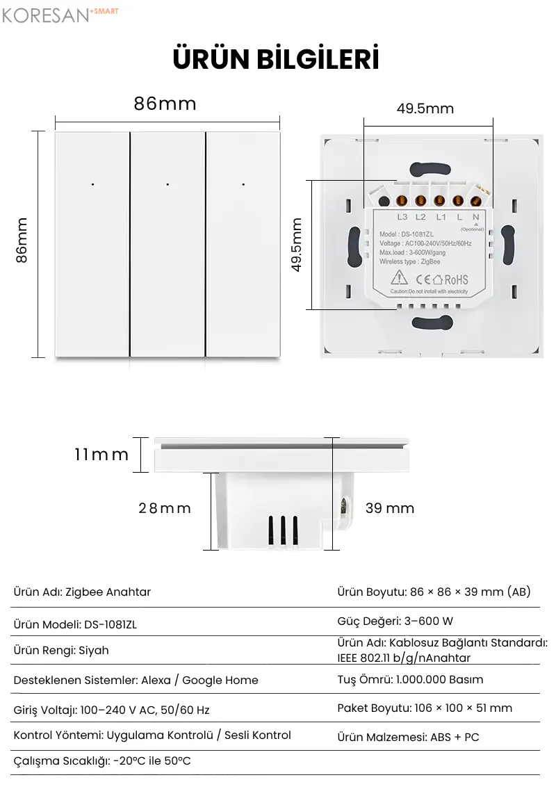 Tuya Zigbee Akıllı Duvar Anahtarı Siyah 1/2/3 Tuşlu Nötrlü ve Nötrsüz ürün ölçüleri