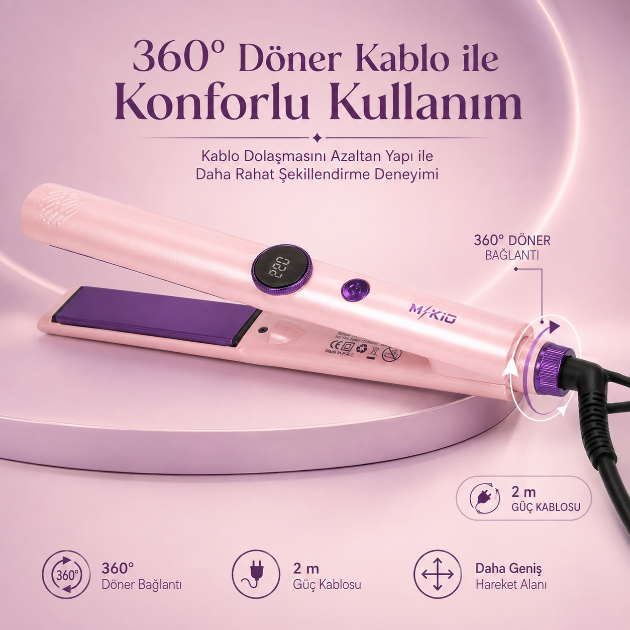 MKIO saç düzleştirici 360 derece döner 2 metre profesyonel güç kablosu