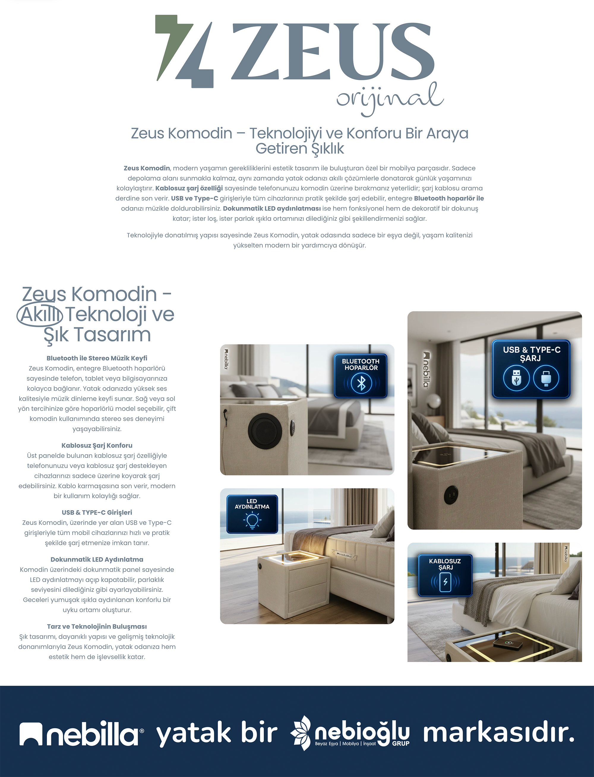 Nebilla Zeus Akıllı Komodin | Kablosuz Şarj – Bluetooth Hoparlör – Dokunmatik LED – Bej Kumaş Kaplama