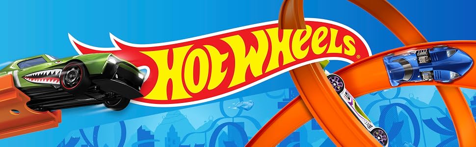 Metin "Hot Wheels". Turuncu ve mavi yol arka planında dinamik yarış sahneleri ile oyuncak arabaları gösteren reklam fotoğrafları serisi.