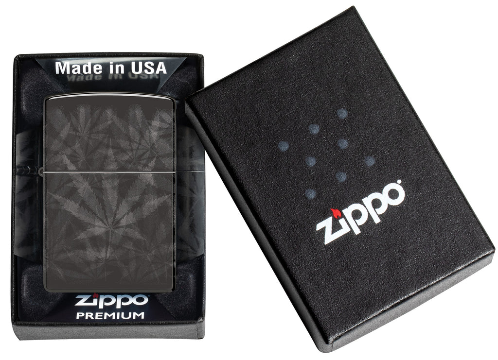 Zippo Cannabis Design High Polish Black Lighter in a Subtle and Smoky