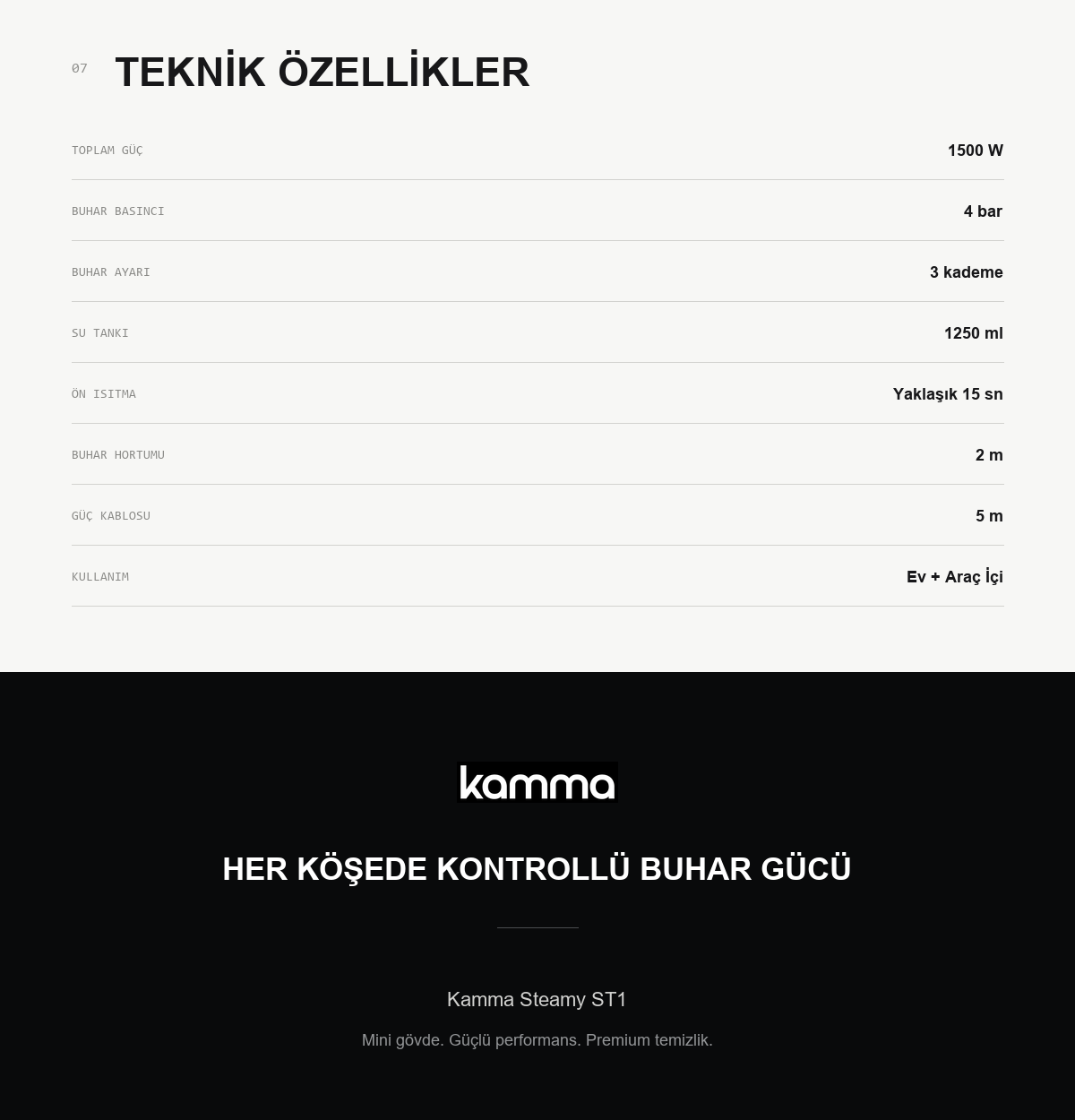 Steamy ST1 teknik özellikler tablosu