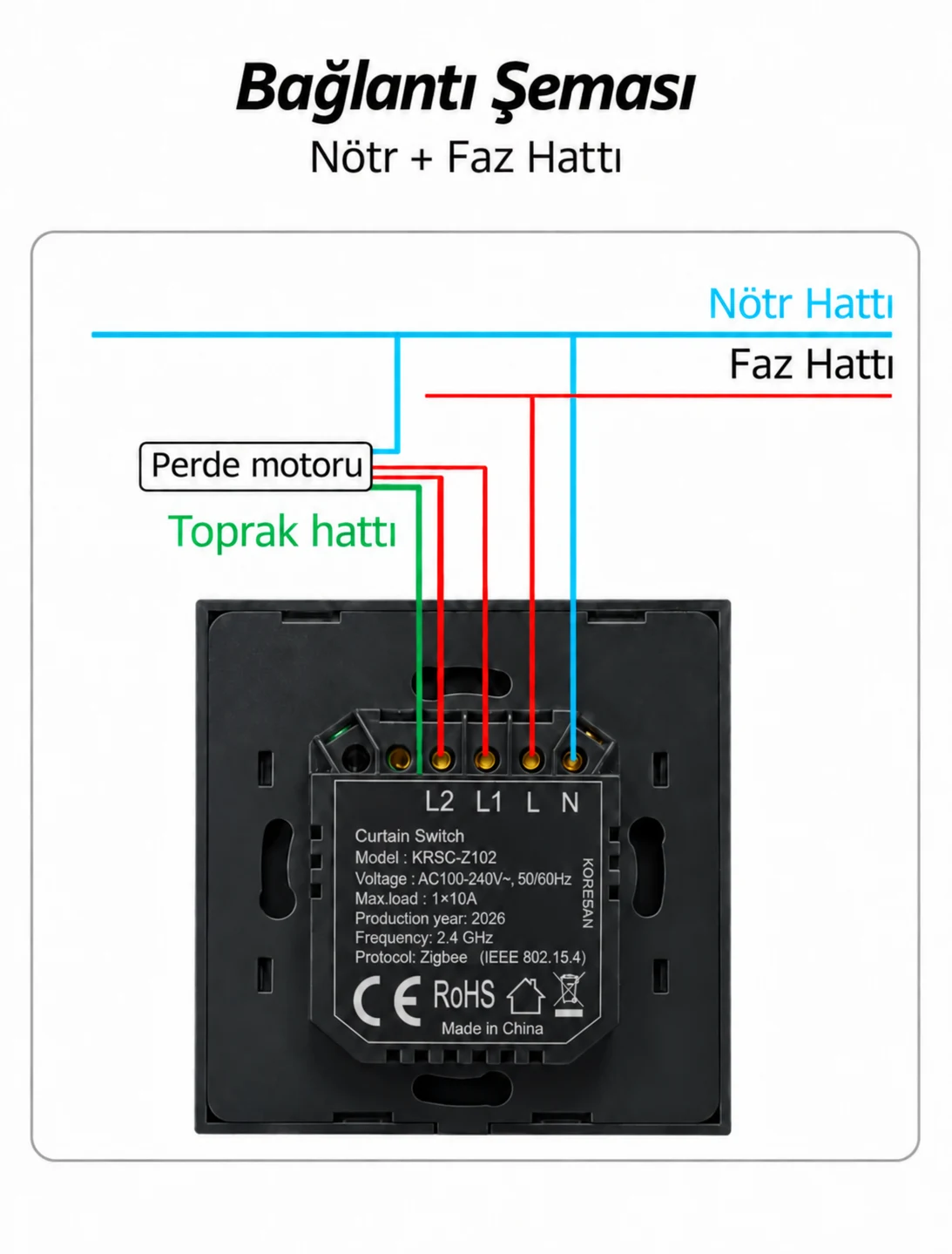 KRSC-Z102 Tuya Zigbee Perde Panjur Anahtarı nötr faz ve perde motoru bağlantı şeması
