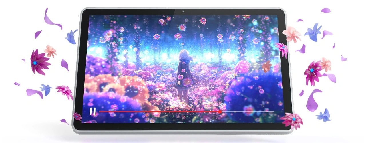 Lenovo Tab, ekranın ötesine uzanan 3D çiçek efektleriyle, parlayan çiçeklerle dolu bir tarlada bir kızın canlı bir animasyonunu sergiliyor.