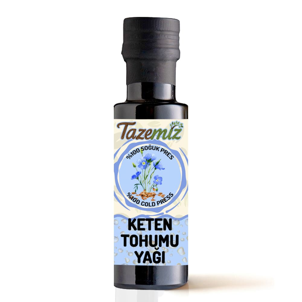 Tazemiz Keten Tohumu Yağı koyu renkli cam şişe ürün görseli