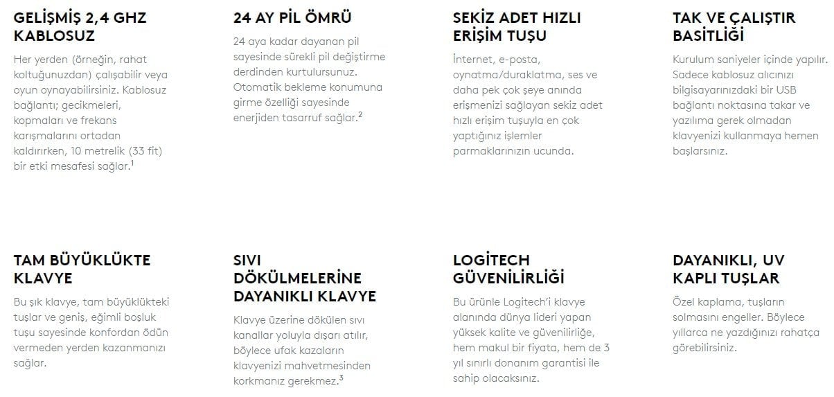 Logitech K270 Siyah Kablosuz Q Klavye Özellikler