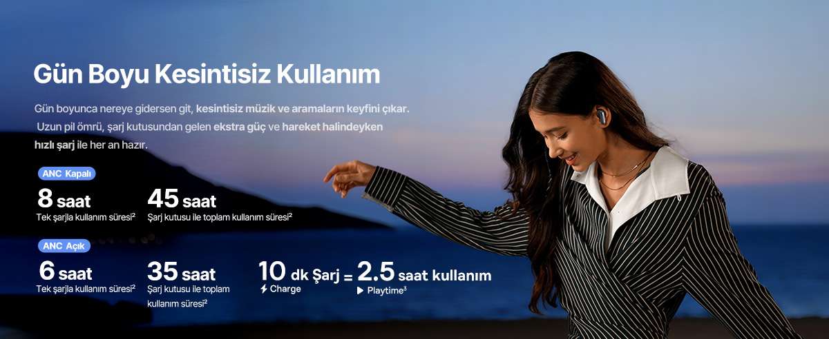 Baseus Inspire XP1 pil ömrü - ANC kapalı 45 saat, ANC açık 35 saat