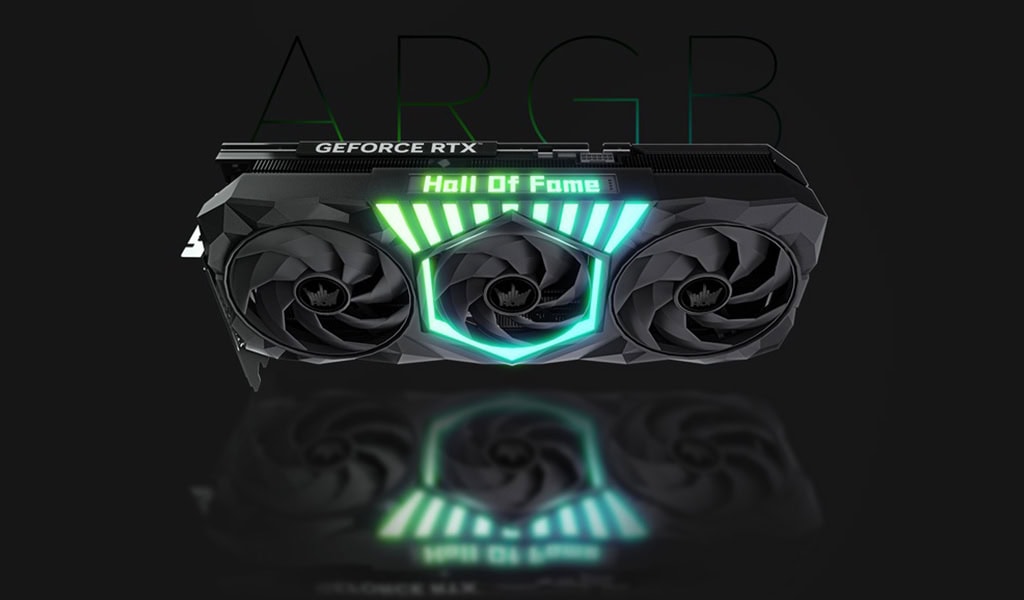 Yüksek performanslı GEFORCE RTX ekran kartı, yanlarda 3 fan ve LED aydınlatma ile modern ve şık tasarım, oyuncular ve grafik tasarımcıları için ideal, Gaming.gen.tr'de en yeni modeller ve fiyatlar.